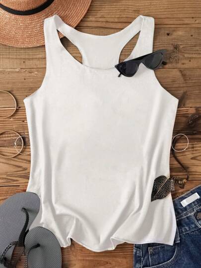 SHEIN LUNE Women Plain Casual Racerback Tank Top,Slightly Sheer Suitable For Summer,Casual