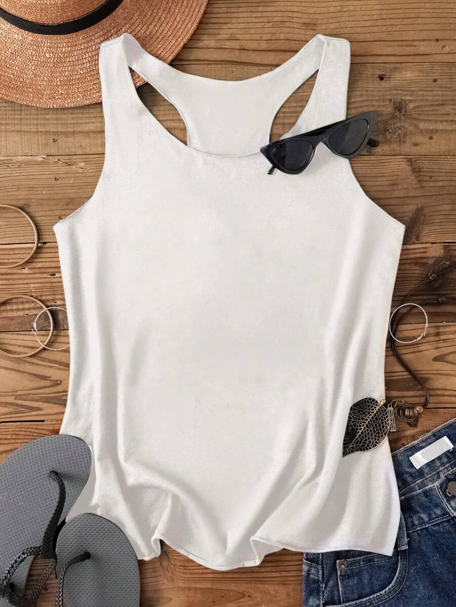 SHEIN LUNE Women Plain Casual Racerback Tank Top,Slightly Sheer Suitable For Summer,Casual - White - View 1