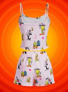 LOONEY TUNES X SHEIN Women Pink Cute Tweety & Sylvester Cartoon Print Cami Top And Shorts Pajama Sets, Summer Sets For Women Women Pajamas Family Women Sleepwear Two Pieces Summer Outfits - Pink - View 2