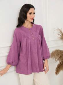 Mulvari Women Casual Solid Color Jacquard Lantern Sleeve Blouse
