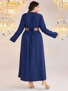 Mulvari Plus Size V-Neck Long Sleeve Waist Rhinestone Decor Retro Dress - Navy Blue - View 3