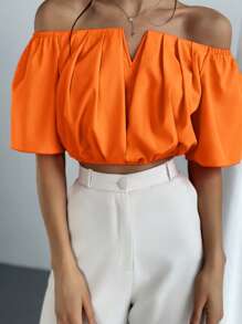 Aloruh Elegant Vacation Solid Color Off Shoulder V-Neck Cinched Waist Short Sleeve Blouse, Summer