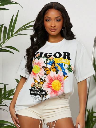SHEIN SXY White Crew Neck Floral Graphic Print Short Sleeve T-Shirt