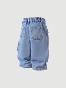 SHEIN Baby Boy Fashionable Washed Multiple Pockets Baggy Loose Fit Blue Denim Cargo Pants, For Baby Outdoor Wear And Daily Wear - Light Wash - View 2
