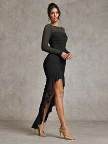 SHEIN BAE Autumn Clothing Long-Sleeved Dress Mesh Dress Ruffle Dress Fishtail Skirt Elegant Tea Break Date Travel Outfit Romantic Sweet Maxi Dress