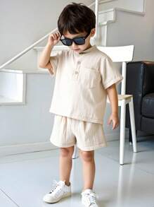 2 Pieces Set Young Boy Casual Collared Short Sleeve Henley Shirt And Shorts, Suitable For Daily Wear, Vacation And Multiple Occasions, Spring/Summer