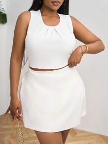 SHEIN PETITE CURVE 大码女式纯色简约 A 字裙，休闲日常穿着 - 白色 - 查看 5