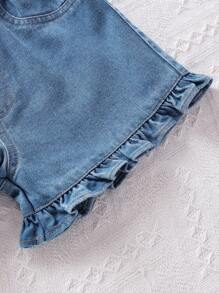 Genkimix Kids 年轻女孩复古荷叶边弹性缝线牛仔短裤 - 彩色 - 查看 8