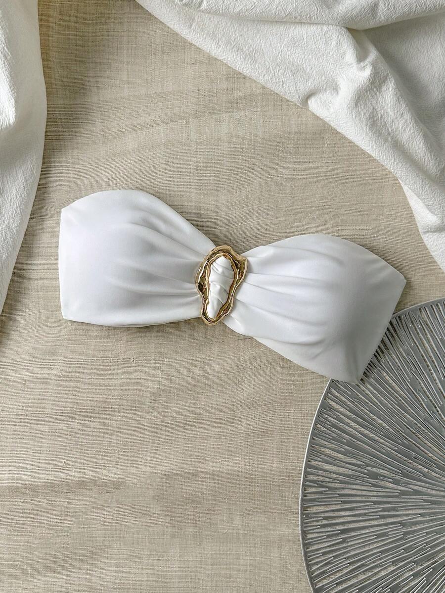 Swim Basics Women's Solid Color Strapless Metal Ornament Sexy One-Piece Bikini Top, Suitable For Spring Break For Summer Beach Vacation - White - View 1