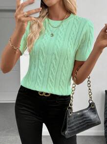 EMERY ROSE European & American New Blogger-Style Twisted Rope 3D Design Casual Round Neck Knit Sweater, Autumn/Winter - Mint Green - View 3