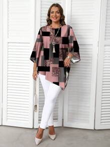 EMERY ROSE Plus Size Casual Plaid Printed Loose Shirt, Spring Autumn Chic Blouses For Women - Multicolor - View 4