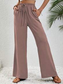 SHEIN LUNE Women's Plain Color Loose Drawstring 7/9 Length Pants, Minimalist Style Fall Cloth For Women - Dusty Pink - View 7