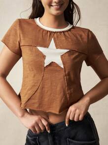 VARSITIE Damen Lässig Sport Kurzarm Kontrast Farbe Stern T-Shirt Top - Khaki - Übersicht 6