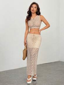 SHEIN PETITE Women's Holiday Knitted Imitation Crochet Vest Slit Skirt Suit, Music Festival, Music Festival Wear, Bohemian - Khaki - View 4