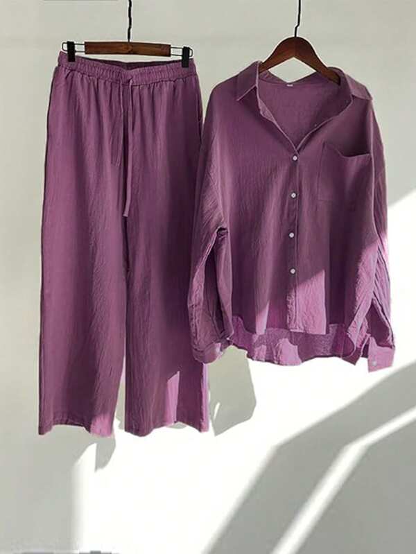 Plus Size Casual Solid Color Stand Collar Button Pocket Shirt And Elastic Waist Drawstring Straight Leg Pants Set