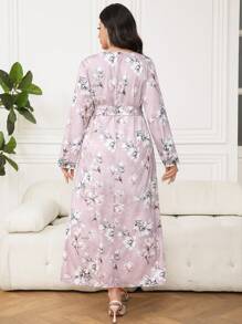 Al Najma Plus Size Women's Floral Pattern Cinched Waist Arabian Dress,Modest - Multicolor - View 2