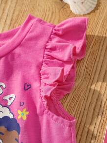CoComelon X SHEIN Baby Girl Cartoon Graphic Cloud Print Cap Sleeve Round Neck Pink T-Shirt - Hot Pink - View 7