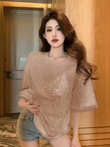 DAZY 女士时尚二合一亮面网纱串珠圆领短袖T恤亮片 - 杏色 - 查看 4