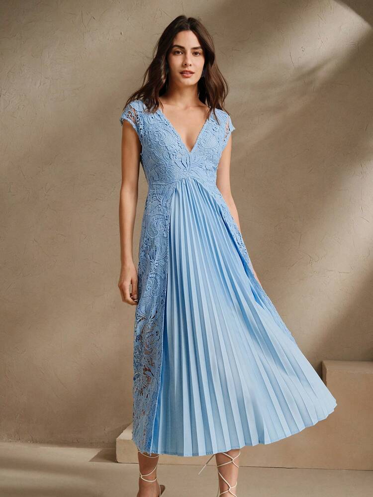 Vestido Midi Elegante Vintage com Decote em V, Plissado, Renda Retalhos, adequado para Festival, Saída, Férias, Vestuário Modesto de Primavera/Verão para Mulheres