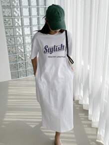 DAZY Slogan Graphic Drop Shoulder Tee Dress Sundress,Casual Women Dresses - White - View 7