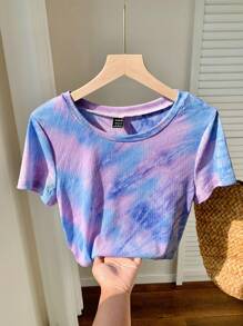 Comfortcana Women's Spring/Summer New Tie-Dye Round Neck Cropped Casual T-Shirt - Multicolor - View 3