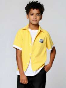 Tween Boy Casual Beach Style Color Block Embroidered Patch Polo Shirt, Spring/Summer - Yellow - View 1