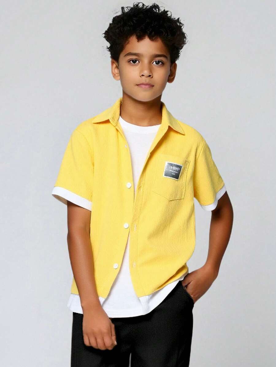 Tween Boy Casual Beach Style Color Block Embroidered Patch Polo Shirt, Spring/Summer - Yellow - View 1