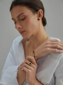 Bộ trang sức thép không gỉ 5 món - Vòng cổ đá đen La Mã, Vòng tay Vạn Lý Trường Thành, Nhẫn hở đính đá, Hoa tai, Trang phục hàng ngày cho phụ nữ Quà tặng Giáng sinh mùa đông - Dây chuyền vỏ sò đen La Mã + vòng tay + nhẫn + bông tai - Xem 2