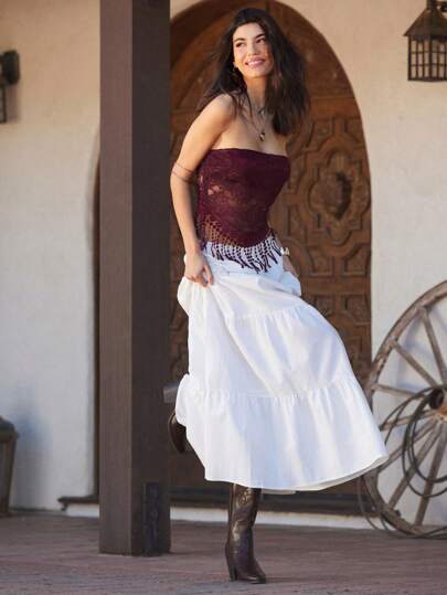 WESTFADE 夏季蕾丝半透明西部流苏露肩节日抹胸纳什维尔风格