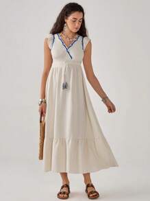 SHEIN Unity Damen Frühling Sommer Boho Urlaubskleid ärmellos A-Linie Maxi Leinenkleid - Aprikosenfarben - Übersicht 3