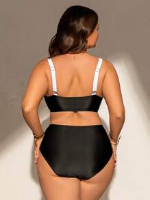 SHEIN Swim Curve Plus Size Women 2 Pieces Solid Color Floral Print Elastic Sports Beach Swimwear Set For Summer Beach Vacation - Black - View 2