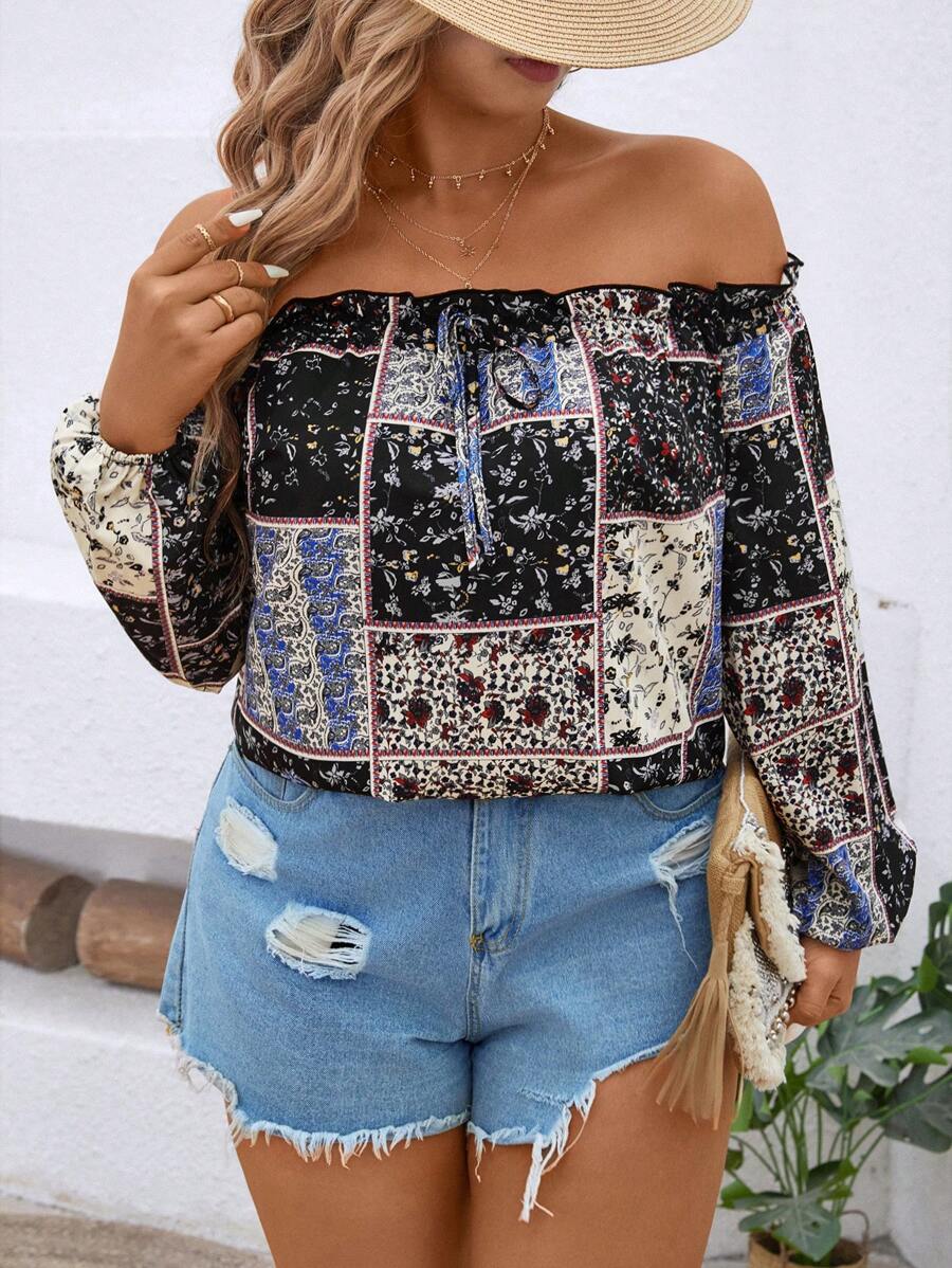 SHEIN LUNE Plus Size Chic Retro Paisley Print Off Shoulder Long Sleeve Blouse, Suitable For Vacation And Dates - Multicolor - View 1