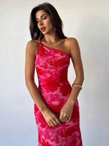 Firerie 女士优雅花卉印花单肩鱼尾下摆连衣裙，适合度假、约会、音乐节 - 紅色 - 查看 5