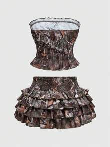 ROMWE J-Fashion Y2K Vintage Leaf Camo Full Print Cropped Tube Top And Mini Skirt 2pcs Set - Multicolor - View 2