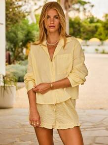 Aralina Spring Textured Striped Button Front Collared Long Sleeve Cover Up Beach Vacation Shirt Short Two Pieces Set - Yellow - View 1