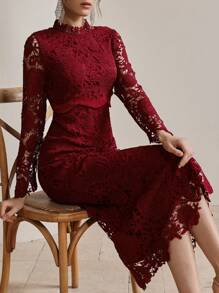 Anewsta 优雅法式玫瑰缎拼接蕾丝奢华女式连衣裙 - 酒紅色 - 查看 4