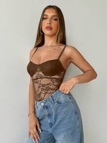 Aloruh Sexy Lace Sheer One-Piece Bodysuit For Summer - Coffee Brown - View 5