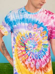 SHEIN X Care Bears 男士休闲彩虹扎染可爱熊印花短袖 T 恤