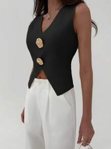Aloruh Solid Color V-Neck Asymmetric Sleeveless Summer Knit Top - Black - View 4