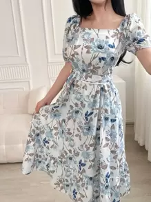 DAZY Women Square Neck Floral Print Mid-Calf Dress With Sash Tie Waist,Back To School Clothes,Teacher Outfits Vacation Outfits Women - Baby Blue - View 4