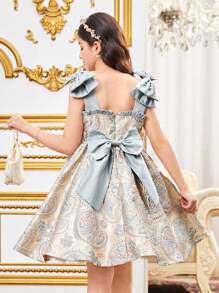 SHEIN 青少年女孩珍珠肩蝴蝶结后背蝴蝶结派对连衣裙，无袖