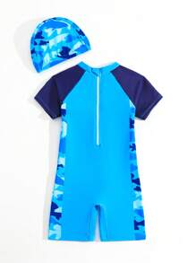 SHEIN Young Boy Cute Cartoon Shark Print Raglan Sleeve Swimsuit With Swim Cap