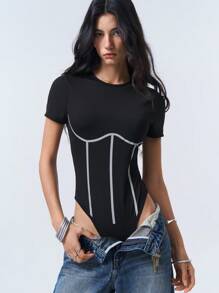LYSMO Athletic Style Reflective Striped Short Sleeve Bodysuit - Black - View 4