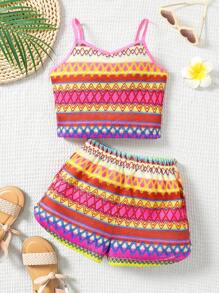 SHEIN Tween Girl Jacquard Knit Top & Loose Shorts 2 Pieces Vacation Set