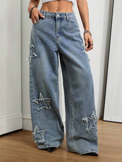 Coolane 女士夏季节日男友风垃圾摇滚运动休闲垃圾摇滚星星图案水洗牛仔裤，狂欢节阔腿牛仔裤宽松牛仔裤女士