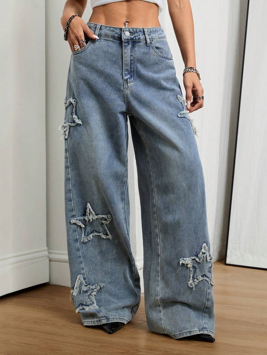 Coolane 女士夏季节日男友风垃圾摇滚运动休闲垃圾摇滚星星图案水洗牛仔裤，狂欢节阔腿牛仔裤宽松牛仔裤女士 - 藍色 - 查看 1