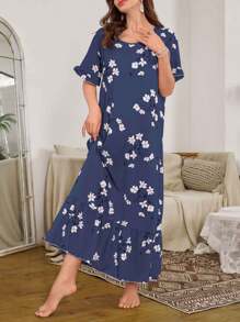 荷叶边下摆花卉印花长款睡裙，Moo Moo - 藏蓝色 - 查看 4