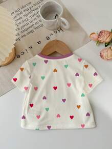 SHEIN Cute Colorful Heart Print Young Girl Casual Simple Round Neck Short Sleeve T-Shirt, Suitable For Summer