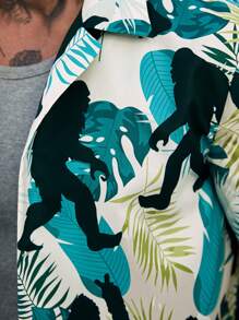 Manfinity RSRT 2pcs/Set Men's Tropical Leaf & Ape Print Button-Up Shirt And Elastic Drawstring Shorts Set, Beach Holiday Casual - Green - View 3