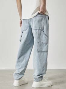 Claim Dot Men's Light Blue Washed Loose Straight Leg Casual Jeans, Urban Chill - Light Wash - View 2